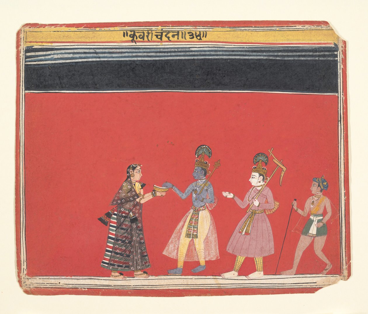 クリシュナは背中を丸めた女性 Trivakra からの供物を受け取ります..., ca. 1650年。 作： 不明