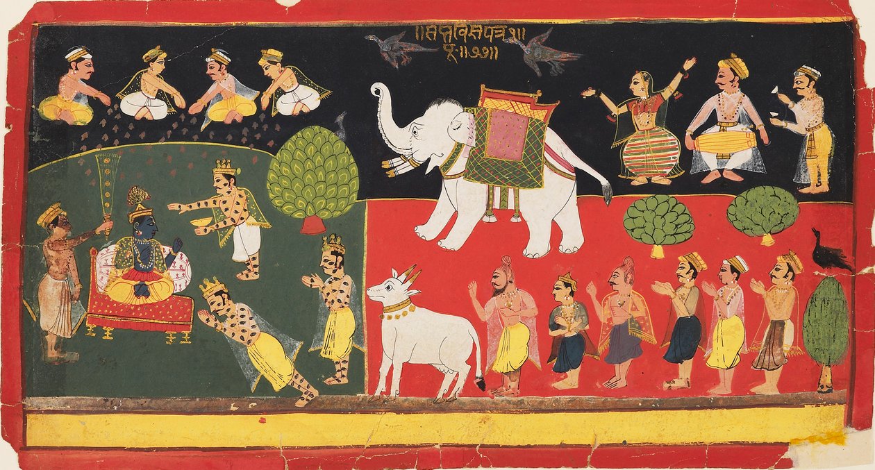 白い象に乗って到着したインドラによって崇拝されたクリシュナ、c1720 作： 不明