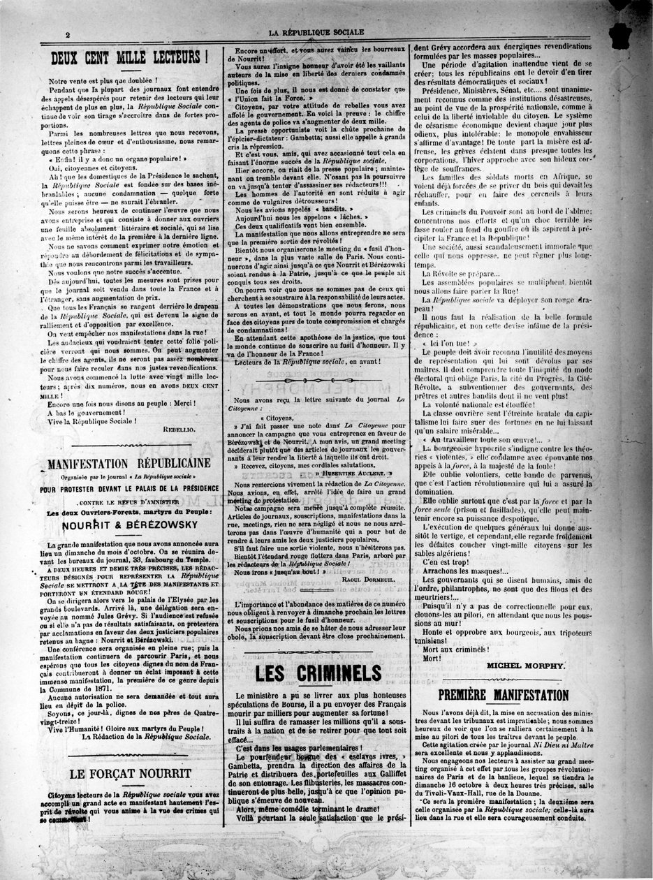 1881年10月13日のLa Republique Sociale新聞 作： 不明