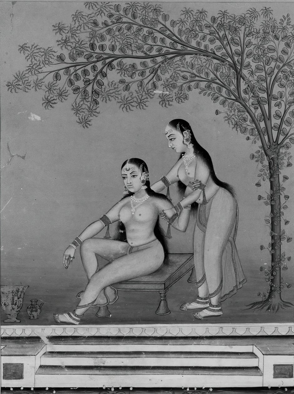 テラスのアテンダントとトイレの女性、カリフォルニア州。 1800年。 作： 不明