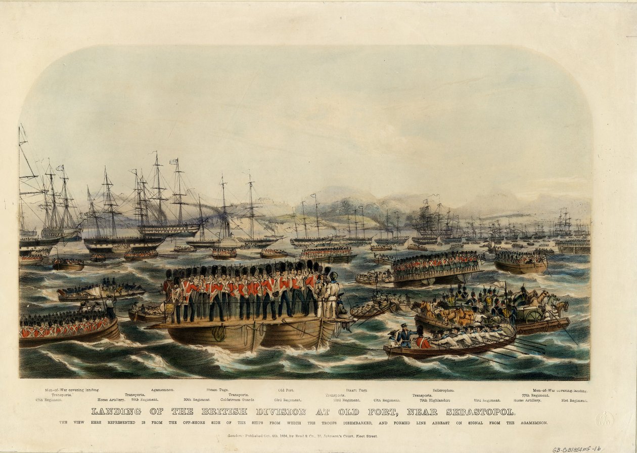 1854年にセヴァストポリ近くのオールドフォートにイギリス軍が上陸 作： 不明