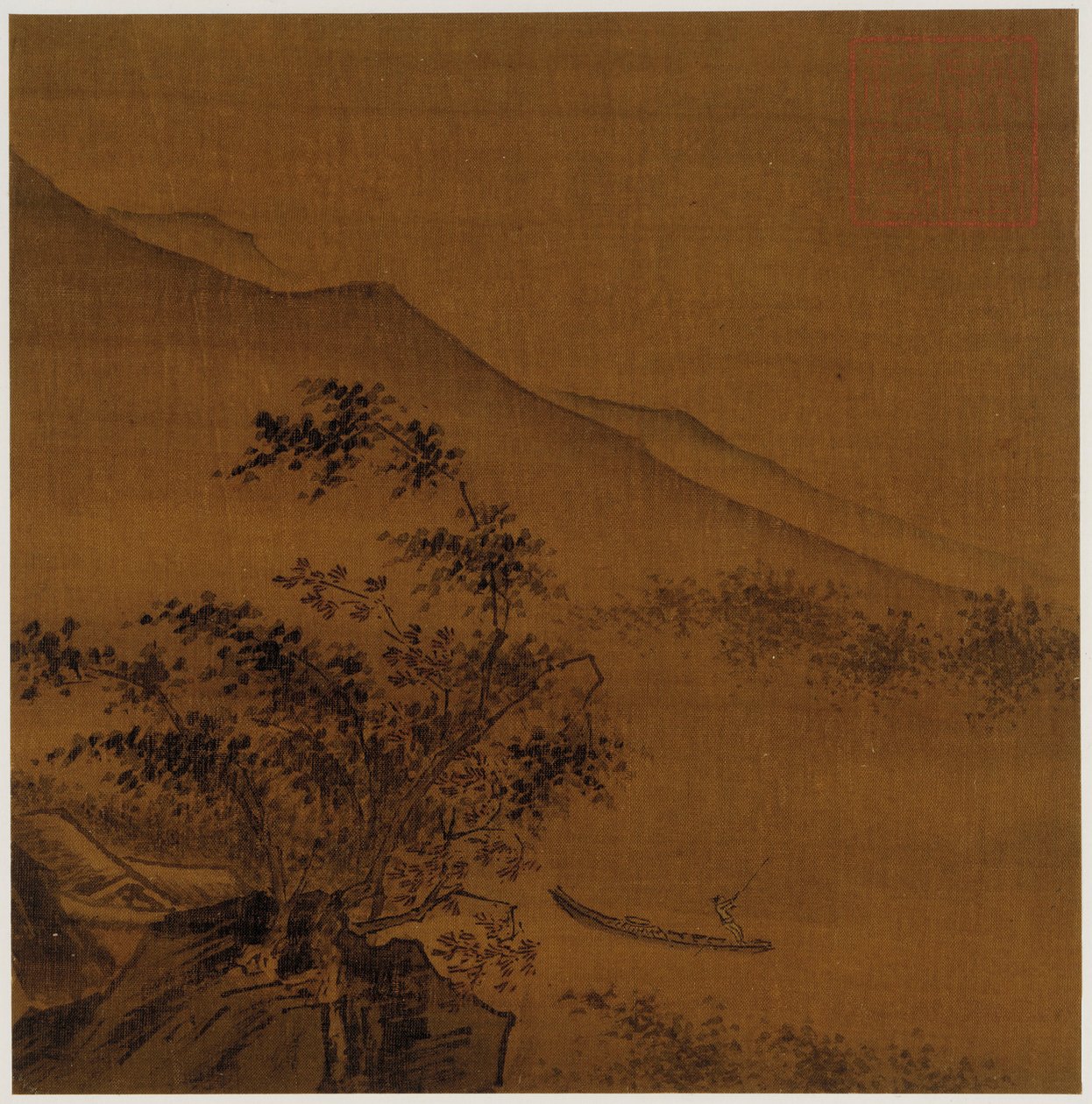 風景: 丘の中腹、岩、木、家、ボート、明王朝、1368-1644。 作： 不明
