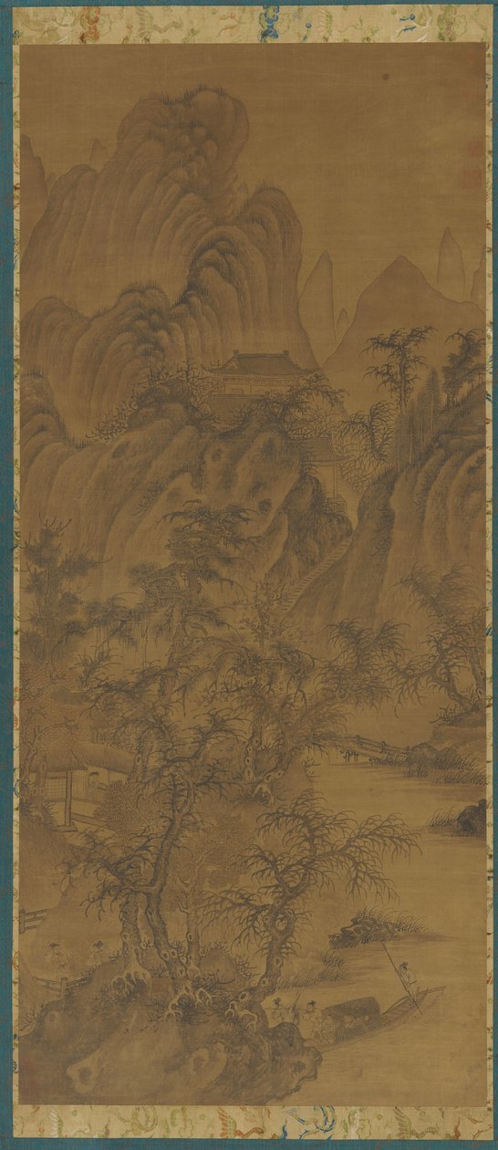 農場の建物と人物のある風景、1368-1644。 作： 不明