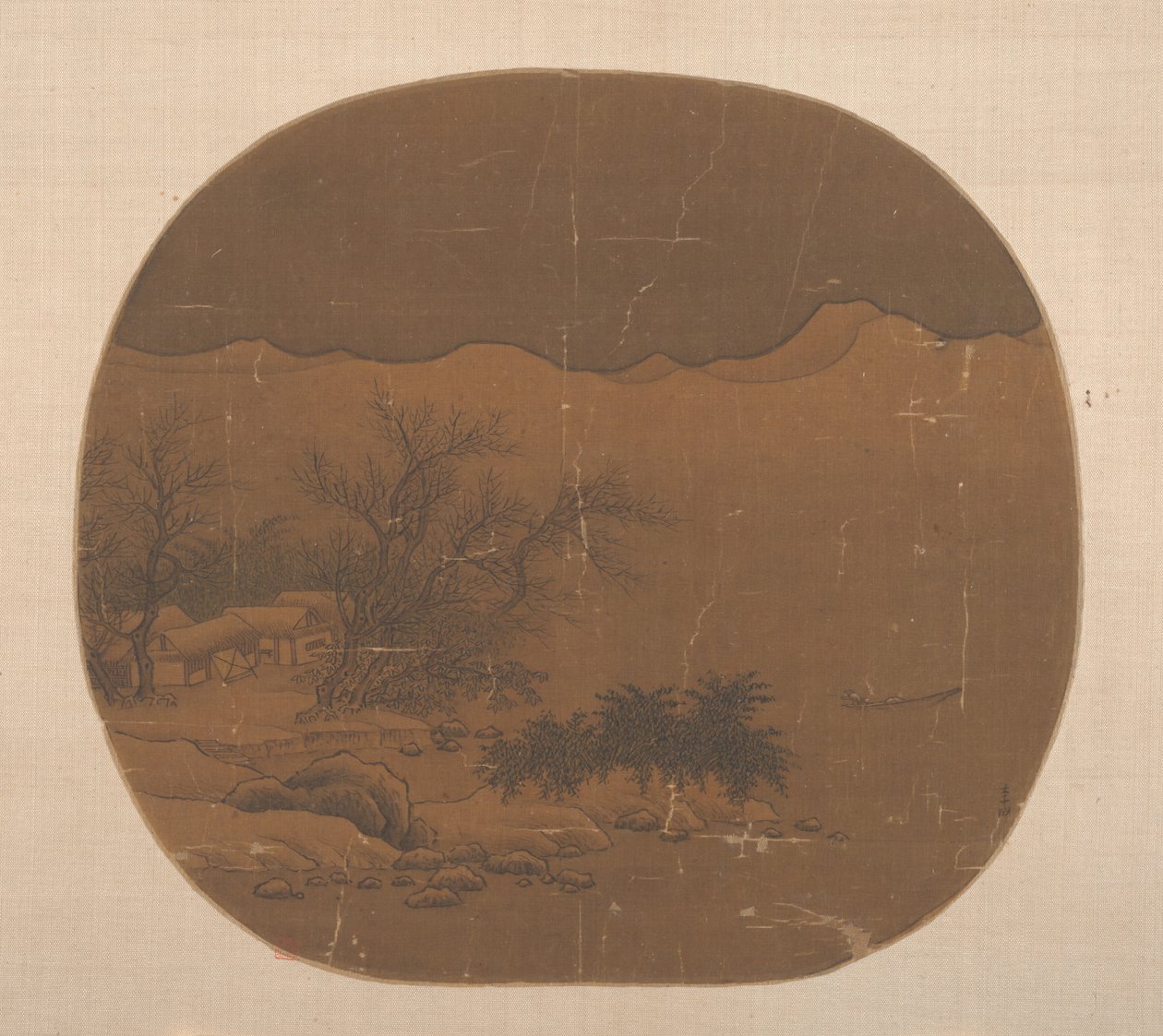 漁村と湖のボートのある風景します。 作： 不明