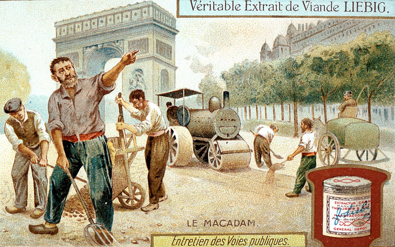 マカダムの路面を敷設し、スチームロードローラーで圧縮する、パリ、c1900 作： 不明