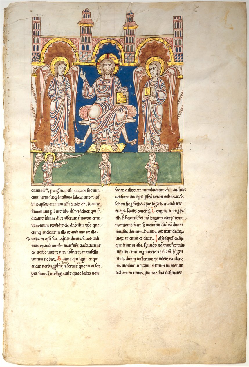 Beatus Manuscript からのリーフ: 天使たちと神の天使と共に威厳のあるキリスト..., ca. 1180年。 作： 不明
