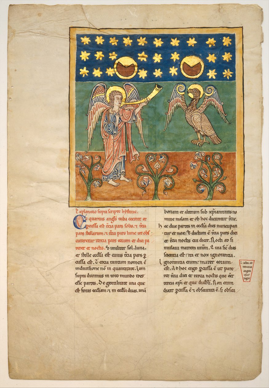Beatus Manuscript からのリーフ: The Fourth Angel Sounds the Trumpet and a Eagle..., ca. 1180年。 作： 不明
