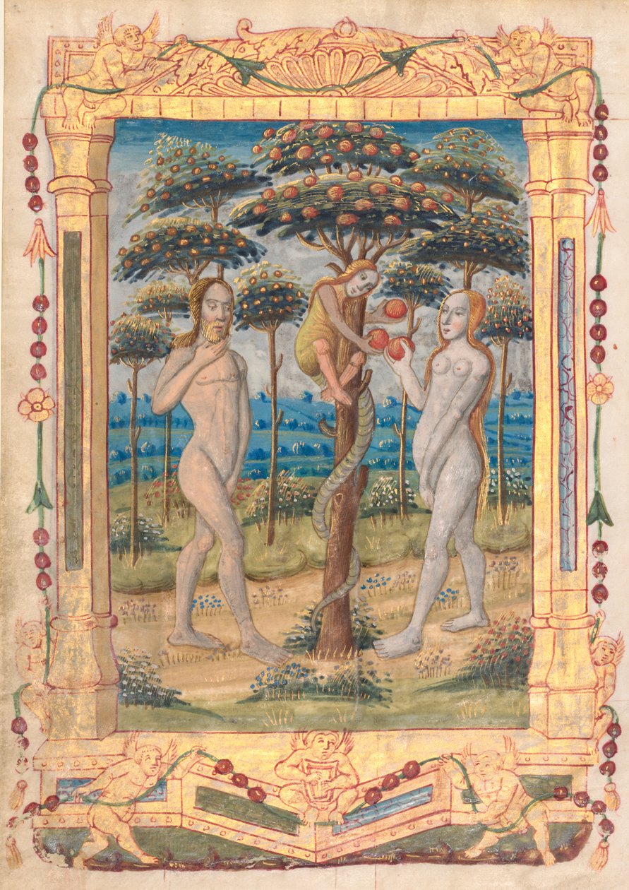 ブック・オブ・アワーズからのリーフ：アダムとイブと人間の堕落...直腸、c。 1510。 作： 不明