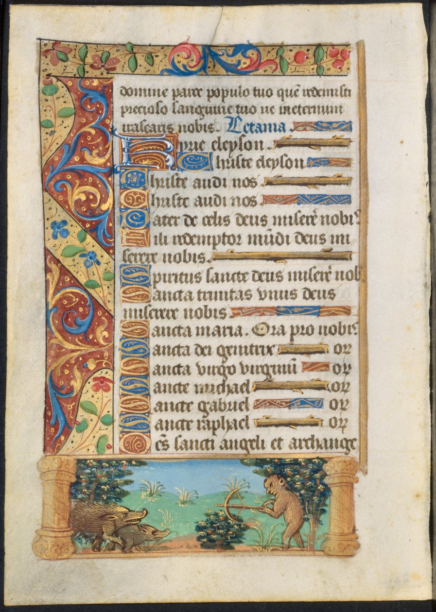ブックからのリーフ：Ape Hunting Wild Boars recto and Ape Fishing verso、c。 1500-1510。 作： 不明