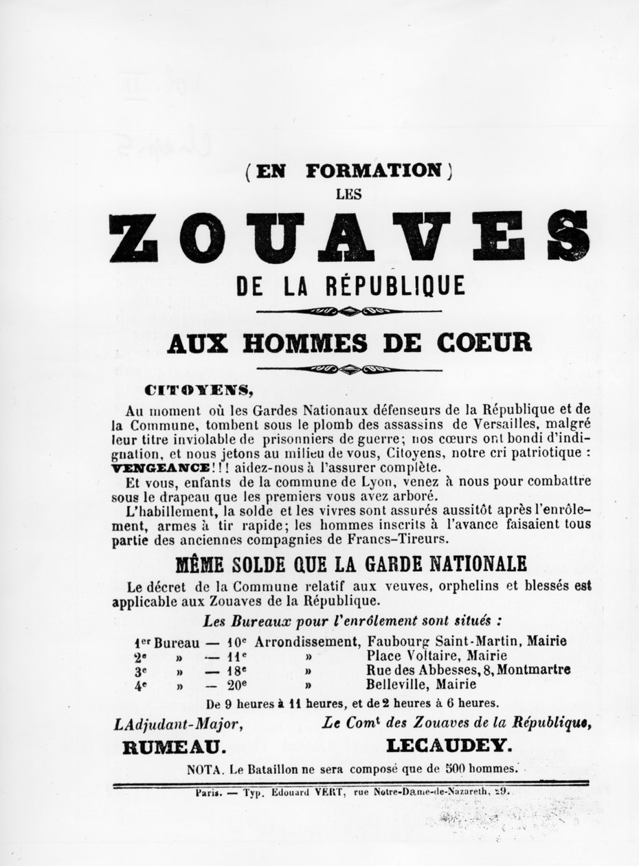1871年5月のパリのコミューンのフランスの政治ポスターからのLes Zouaves 作： 不明