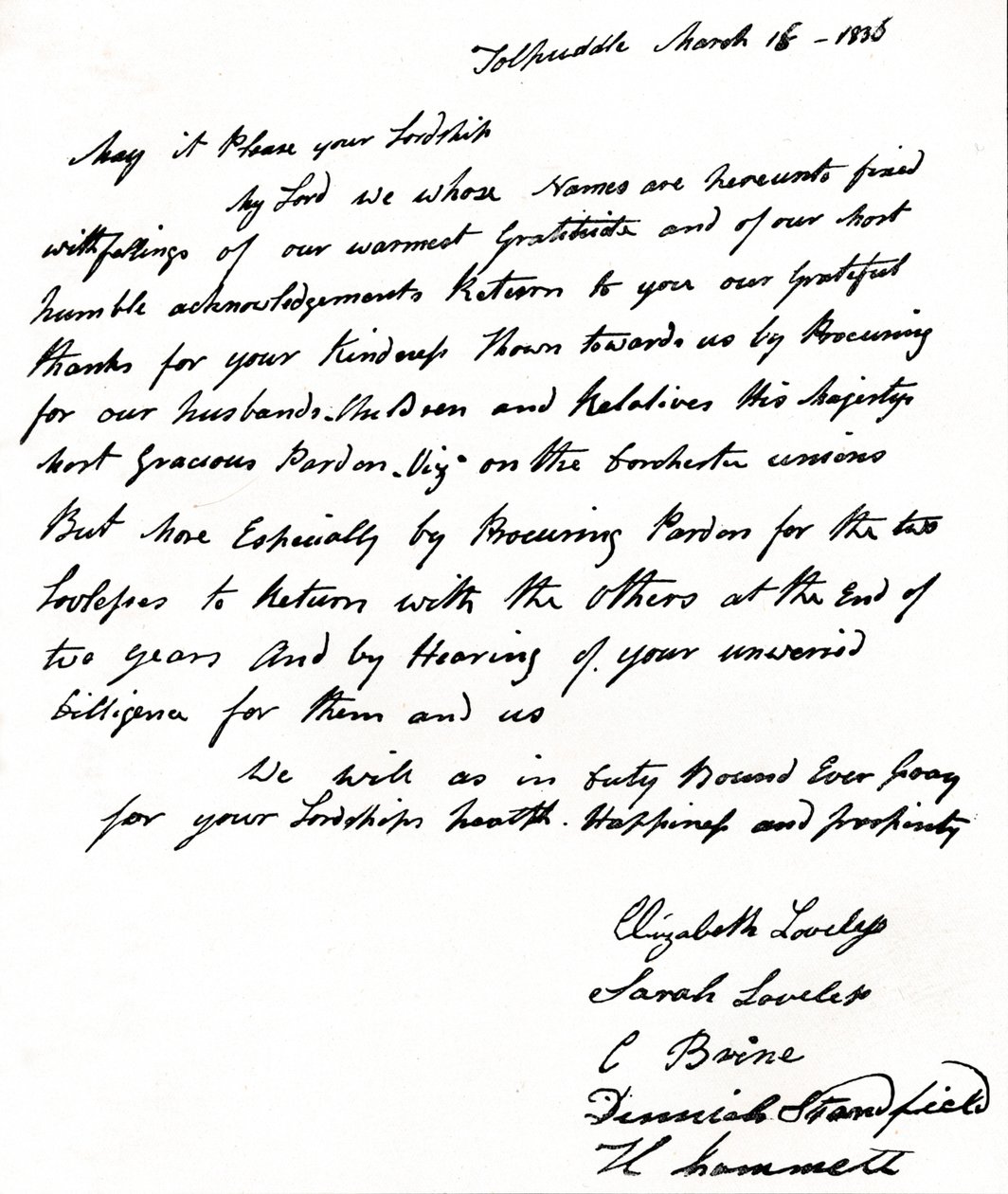 トルパドル殉教者の妻によってジョン・ラッセル内務長官1792-1878に書かれた手紙、 作： 不明