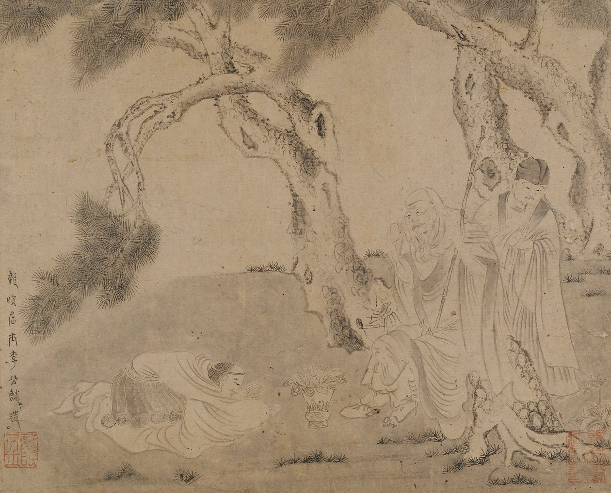 ルオハン、従者、松の下の崇拝者、元または明王朝、1279-1644. 作： 不明