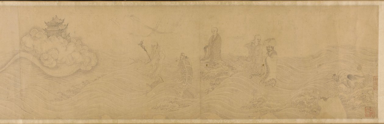 海を渡る羅漢、明代、15～16世紀。 作： 不明