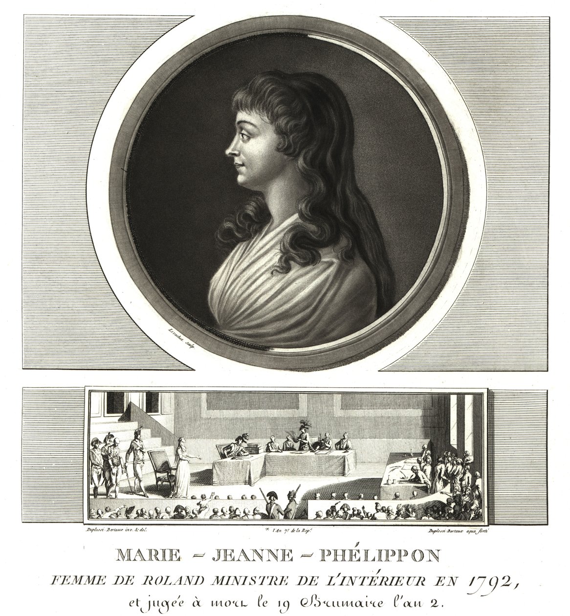 ジロンディストのマダム・ローラン（マリー＝ジャンヌ・ペリポン）（1754-1793）は、夫のジャン＝マリー・ローラン・ド・ラ・プラティエールと一緒にいた。 作： 不明