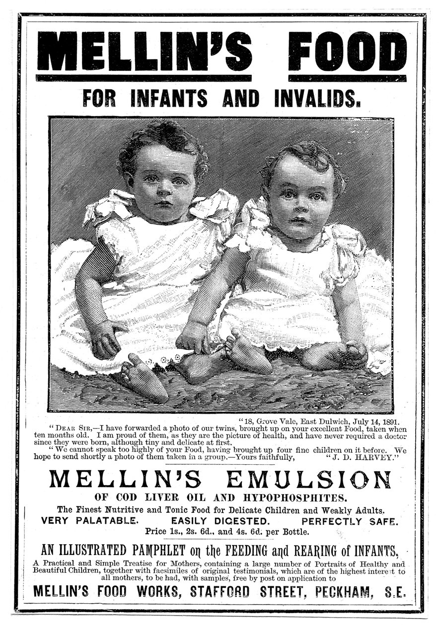タラ肝油ベースの食品サプリメントMellins Emulsionの雑誌広告、c1890 作： 不明