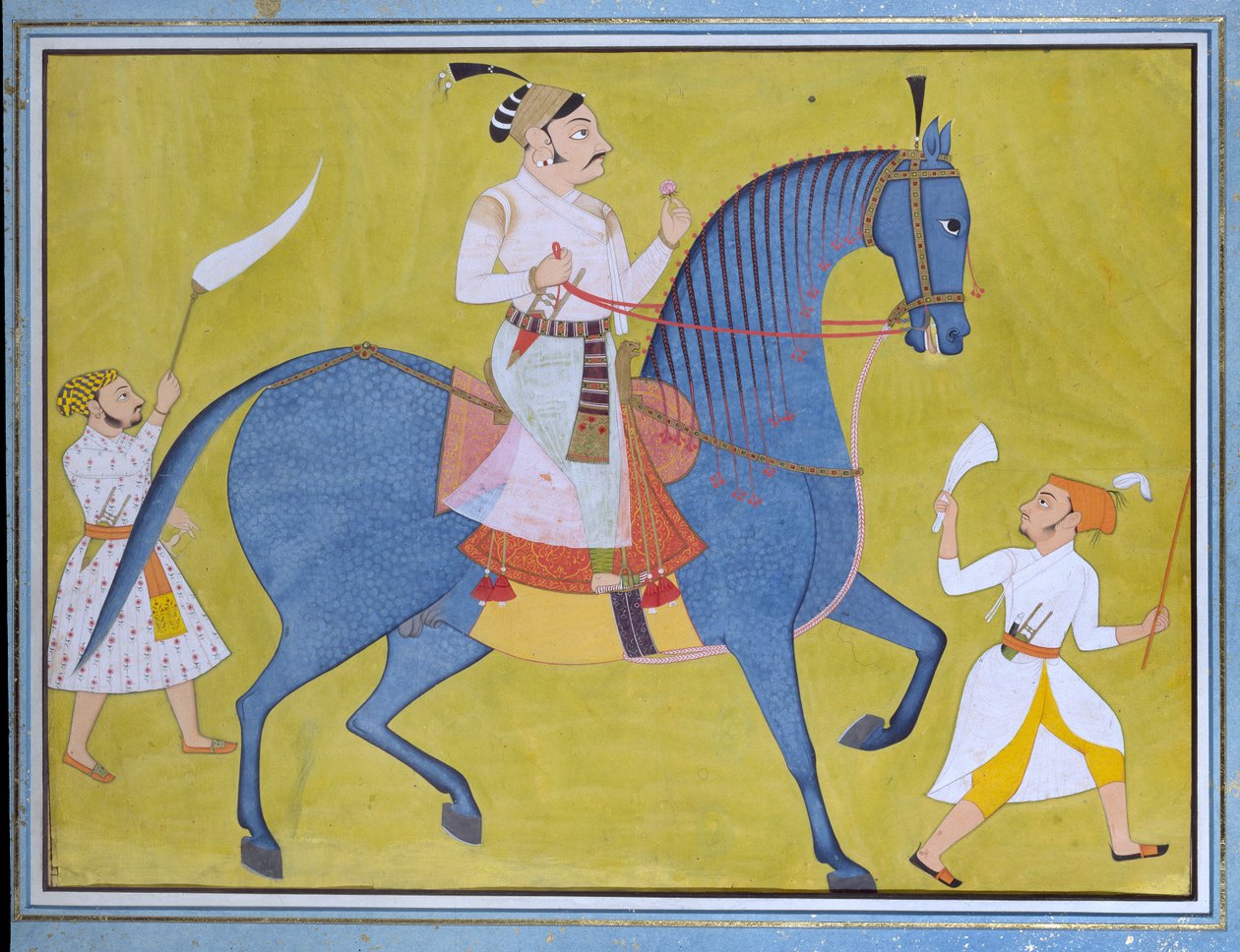 Sawar乗馬のMaharaja Pratap Singh、徒歩で2人の付き添い、c1700 作： 不明