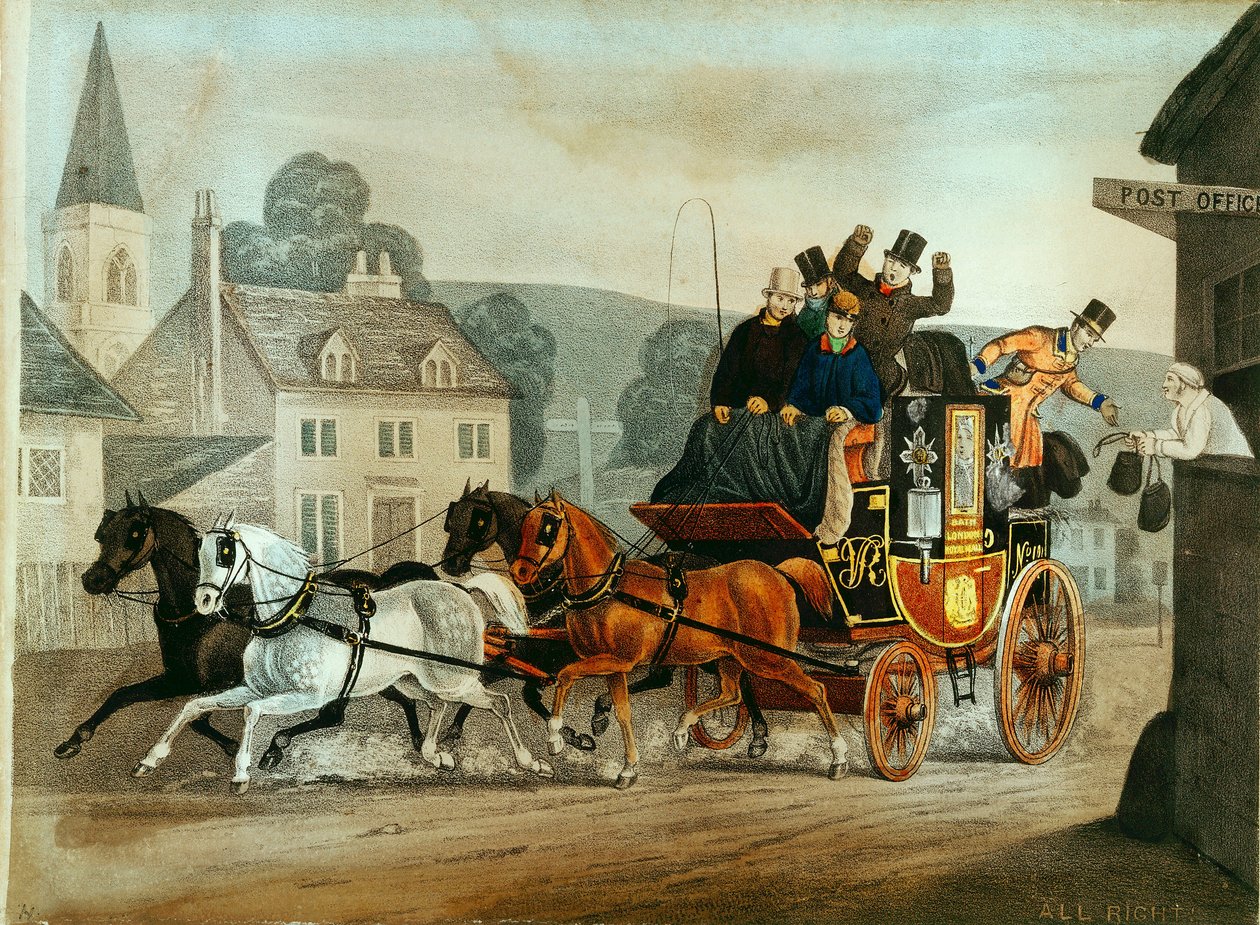 バースからロンドンへの郵便馬車、c1840 作： 不明