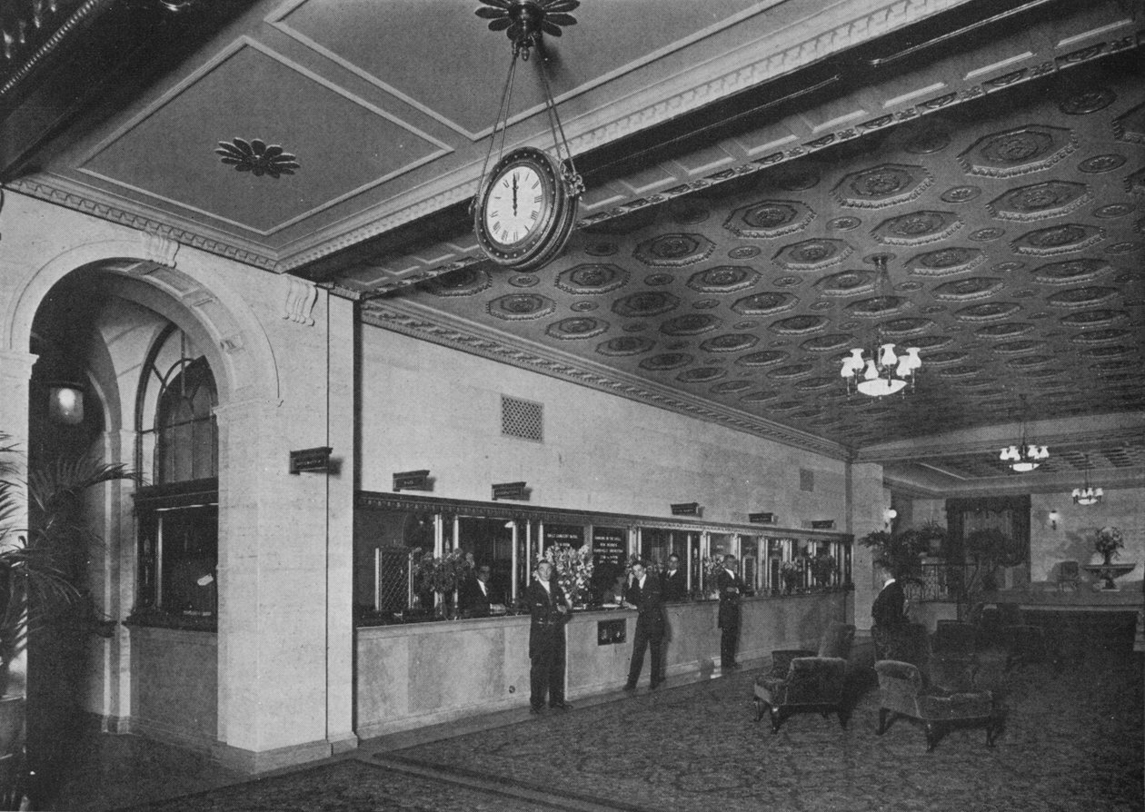 エントランスロビーに隣接するメインオフィス、ルーズベルトホテル、ニューヨーク市、1924 作： 不明