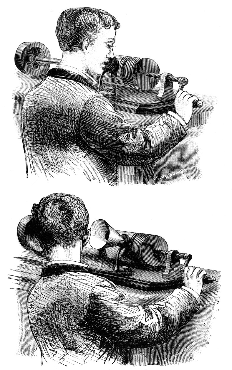 1878年に最初のエジソン蓄音機で録音を行い、それを聞く 作： 不明