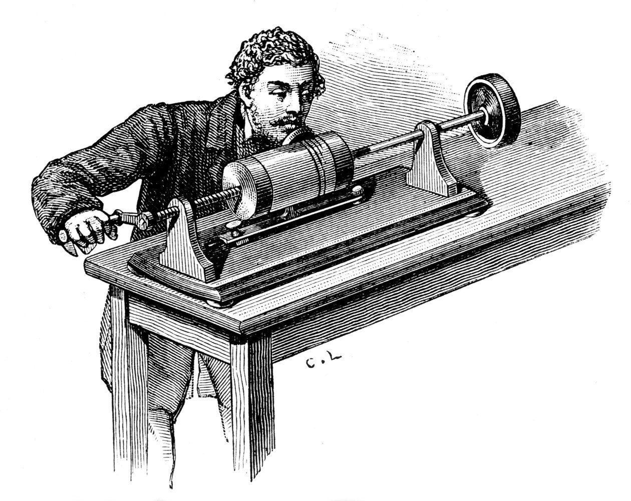 Thomas Edisons蓄音機の最初のモデル、c1878で録音する 作： 不明