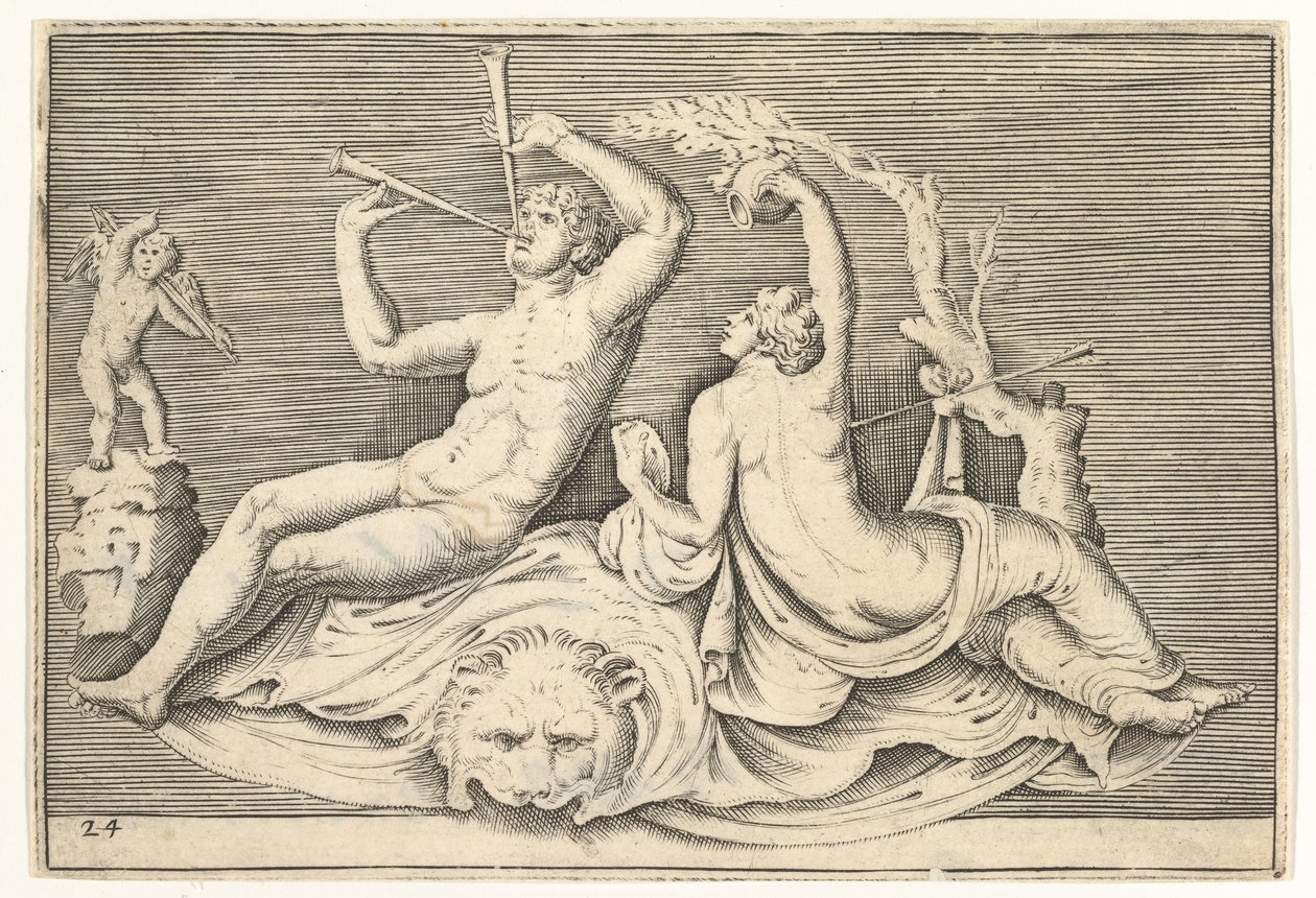 Lionskinで2つのフルートと女性を演奏する男性、ca。 1599-1622。 作： 不明