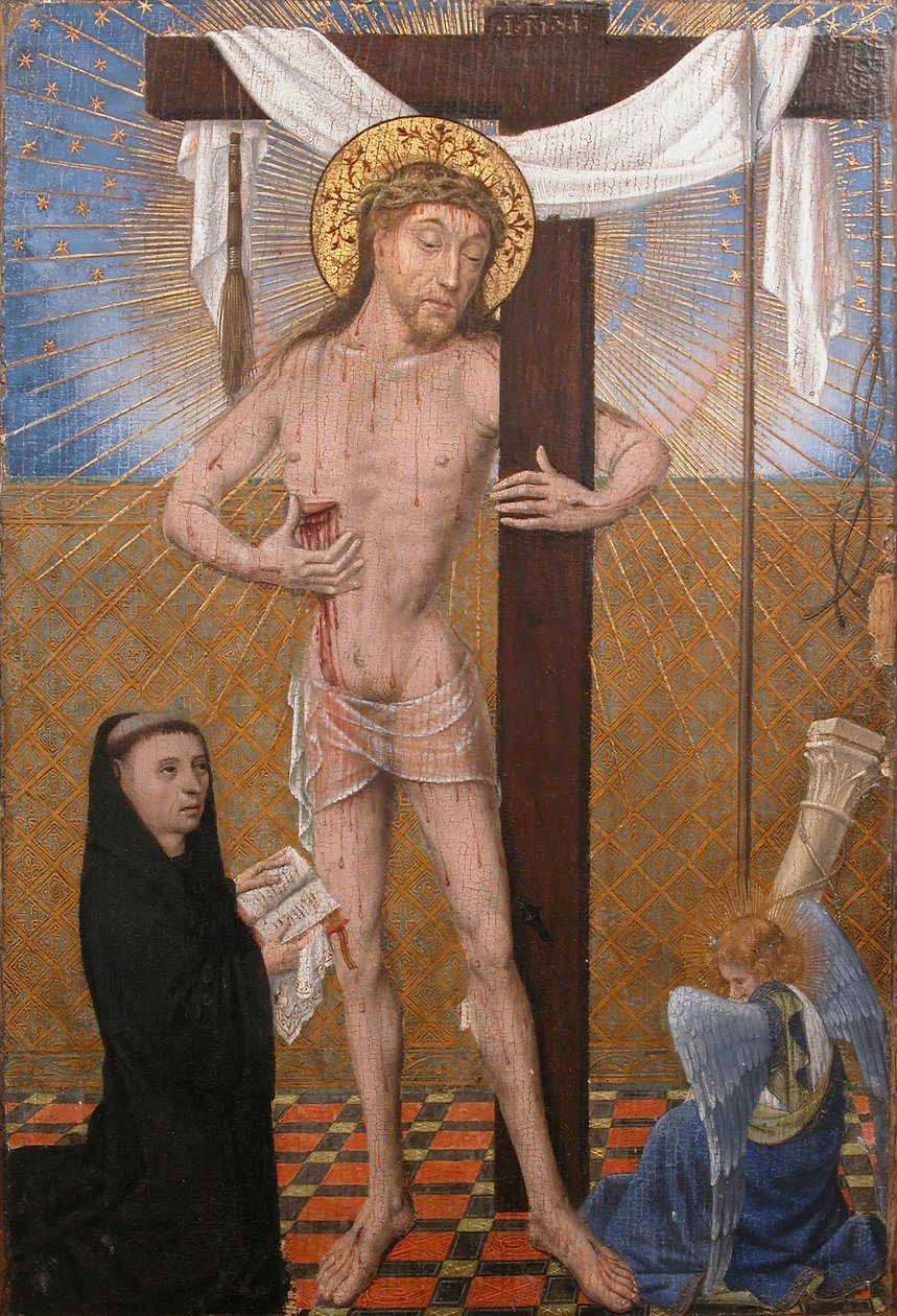 Man of Sorrows with Kneeling Donor、15世紀第4四半期、モダンなアドオン。 作： 不明