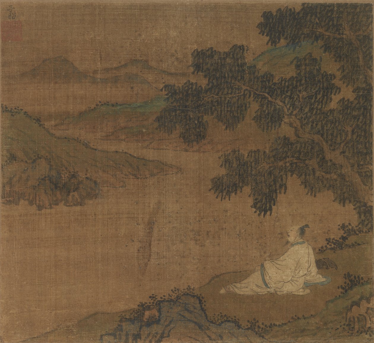 明朝、川を見下ろす木の下の丘の中腹に立つ男。 作： 不明