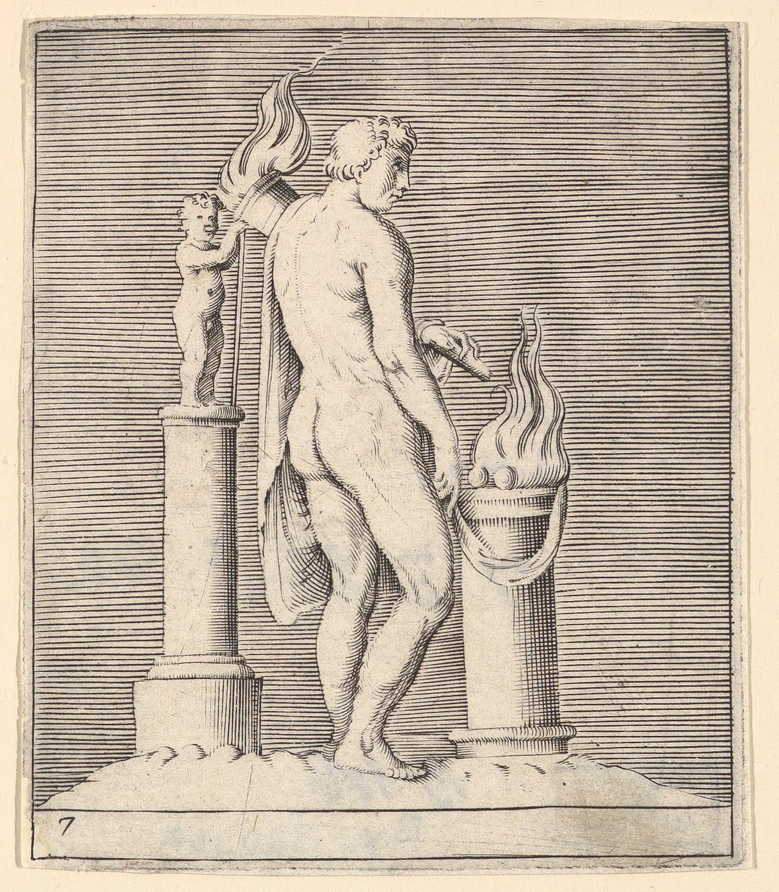 Flaming AltarとStatuetteの間のトーチを持つ男、caを公開。 1599-1622。 作： 不明
