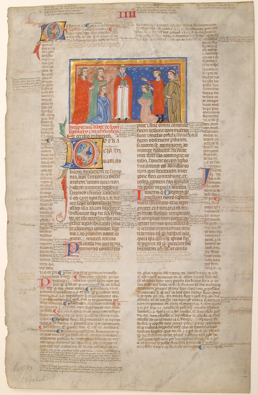 グレゴリー IX の Decretals からの結婚シーンの写本の葉、約。 1300。 作： 不明