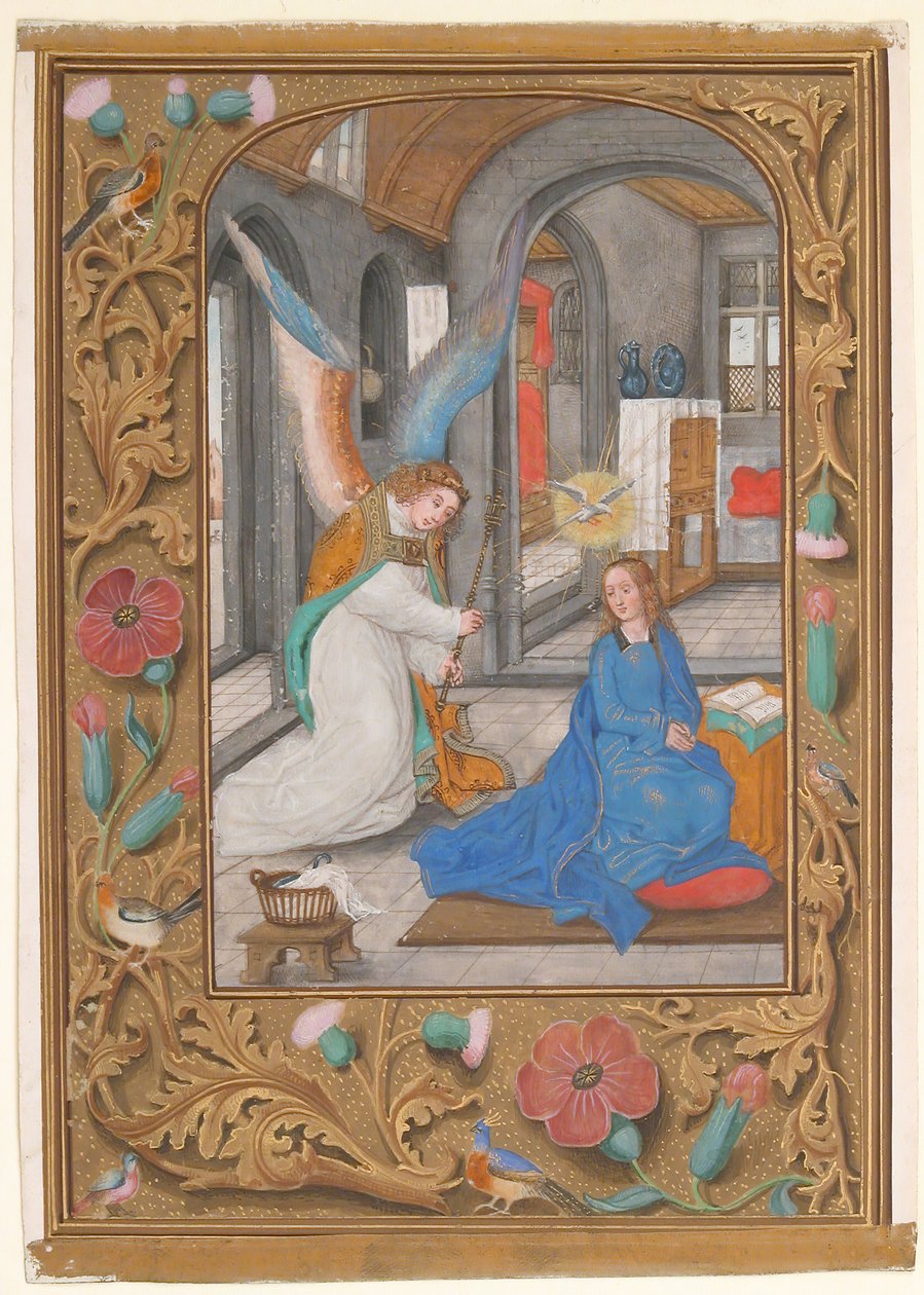 受胎告知のある写本リーフ、Book of Hours、ca. 1500-1525。 作： 不明