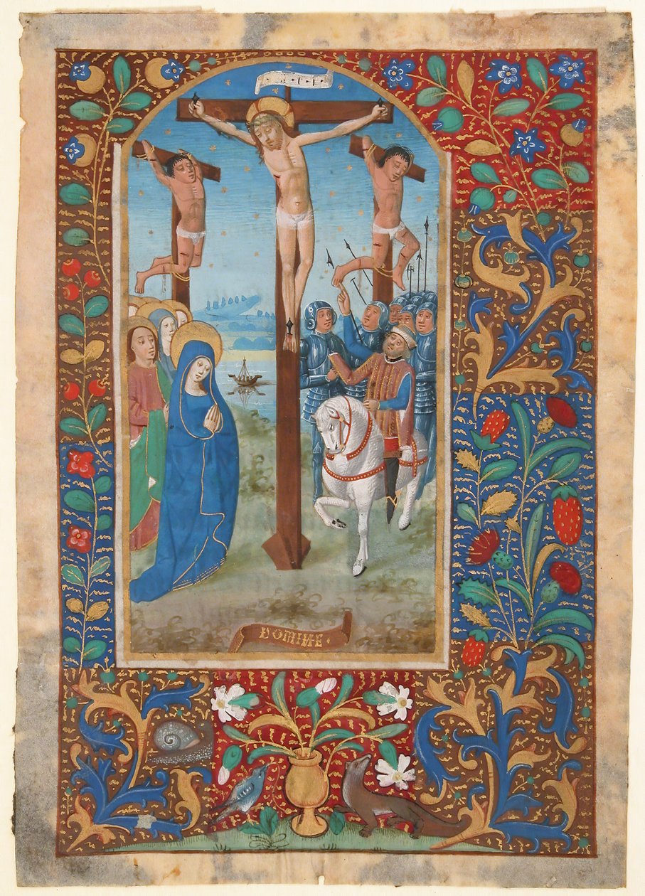 15世紀の最後の四半期の「Book of Hours」からのはりつけのある原稿の葉。 作： 不明