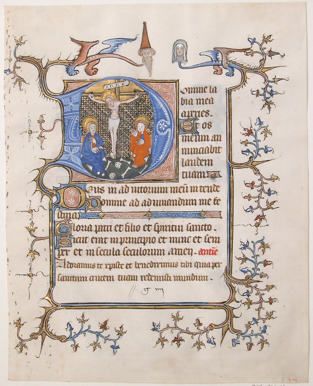 イニシャル D の磔刑の写本の葉、Book of Hours から。 1350年。 作： 不明