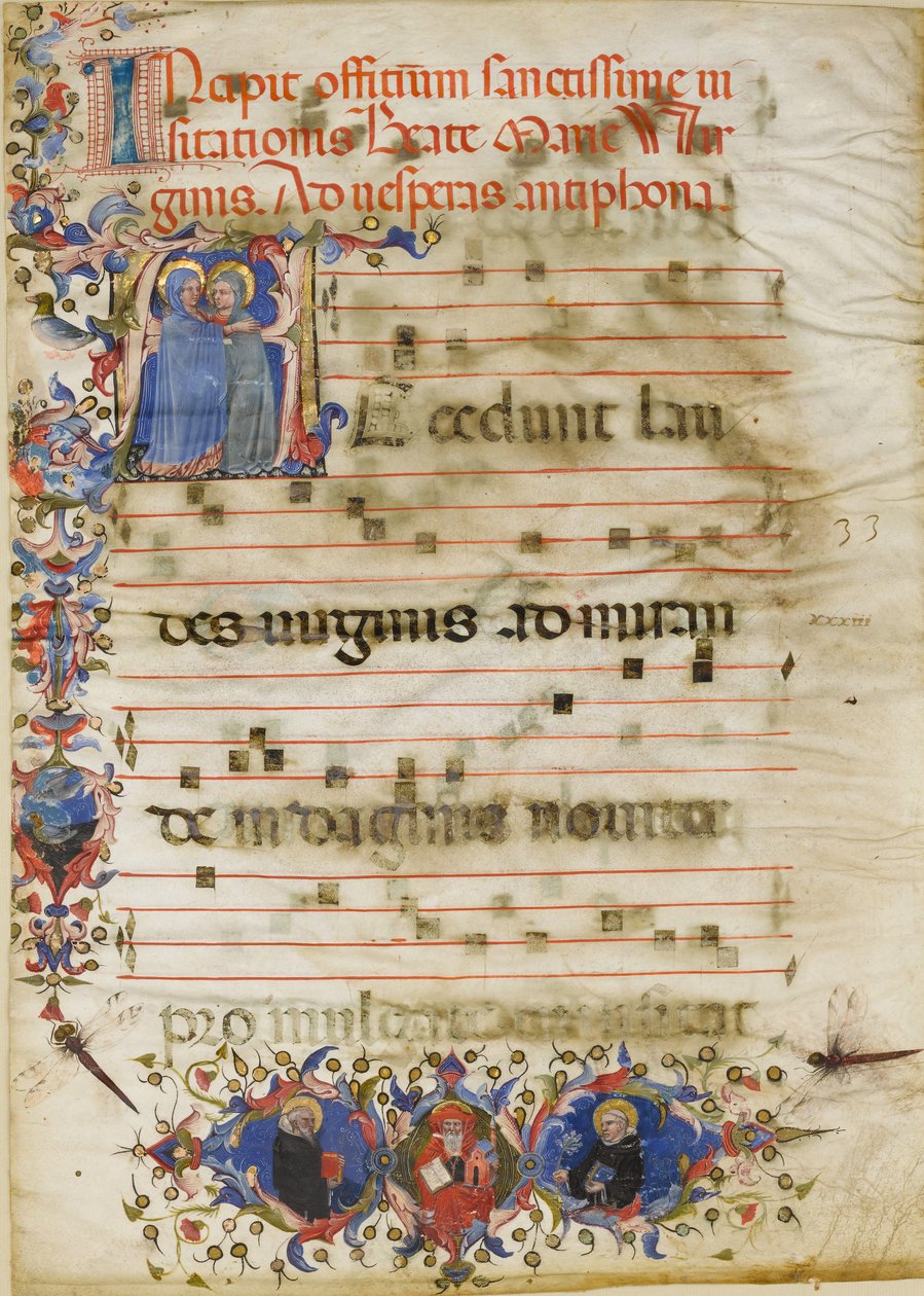 頭文字Aの「訪問」とCardinal Adam Easton...が描かれた写本の葉、約1400年。 作： 不明