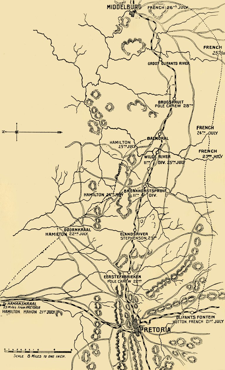 EerstefabriekenからMiddelburgへの東向きの移動を示す地図、1901年。 作： 不明