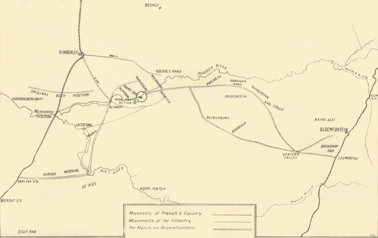 キンバリーの救済とブルームフォンテーンの捕獲のための運動を示す地図、1901年。 作： 不明