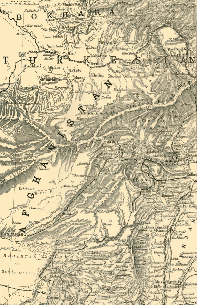 ロバーツ将軍のカブールへのルートを示す地図...イギリスとロシアの境界、1901年。 作： 不明