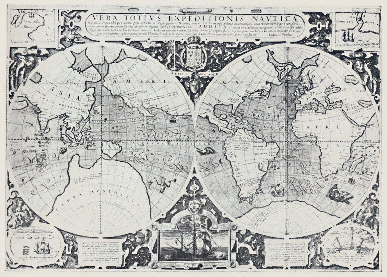 ドレイクスの周航航海1577-1580、1923年を示す地図。 作： 不明