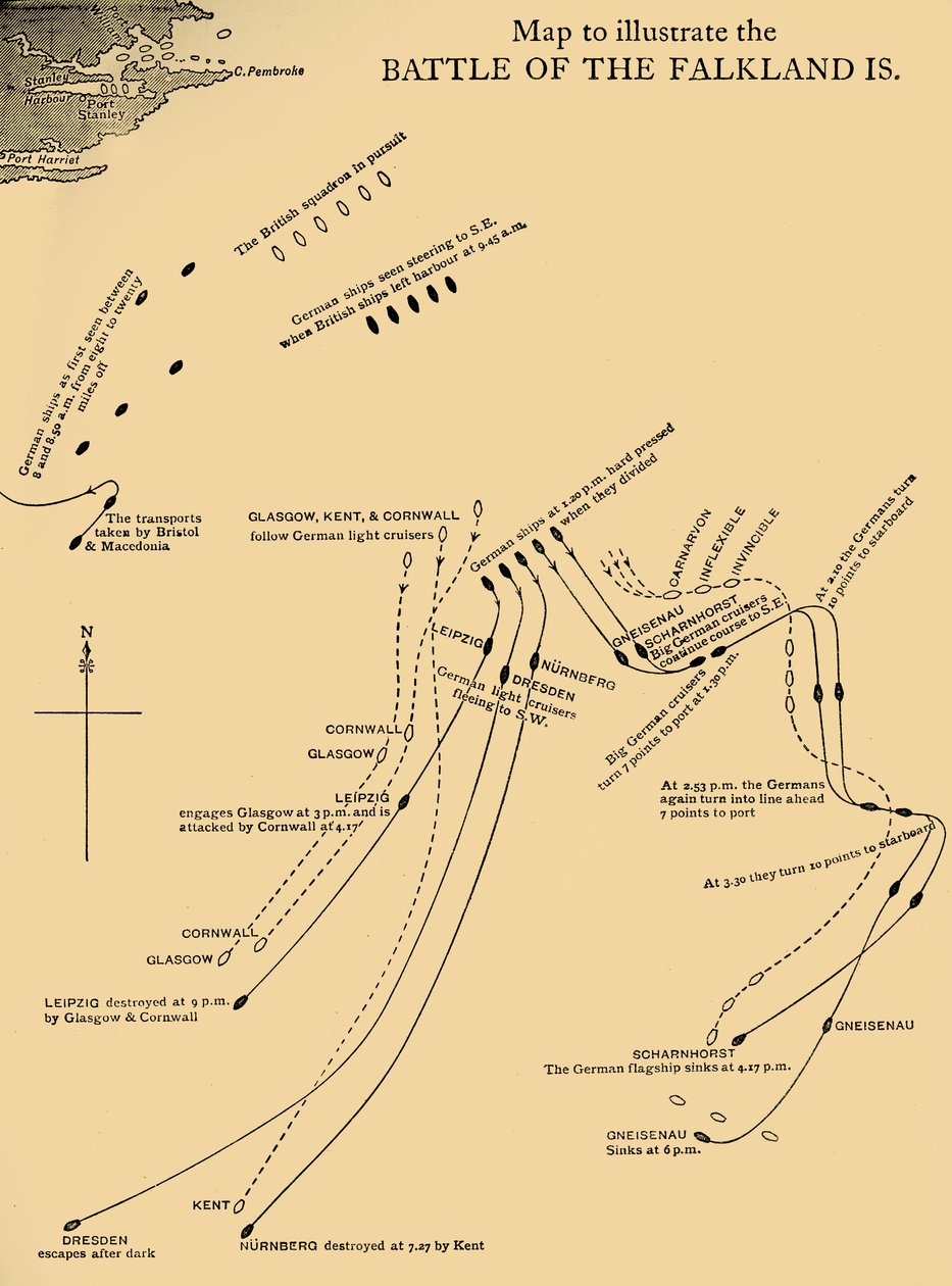 1914年12月8日、1920年のフォークランド諸島の戦いを示す地図。 作： 不明