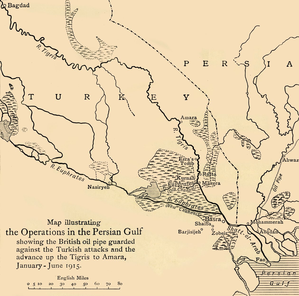 ペルシャ湾での作戦を示す地図、第一次世界大戦、1915年、c1920。 作： 不明