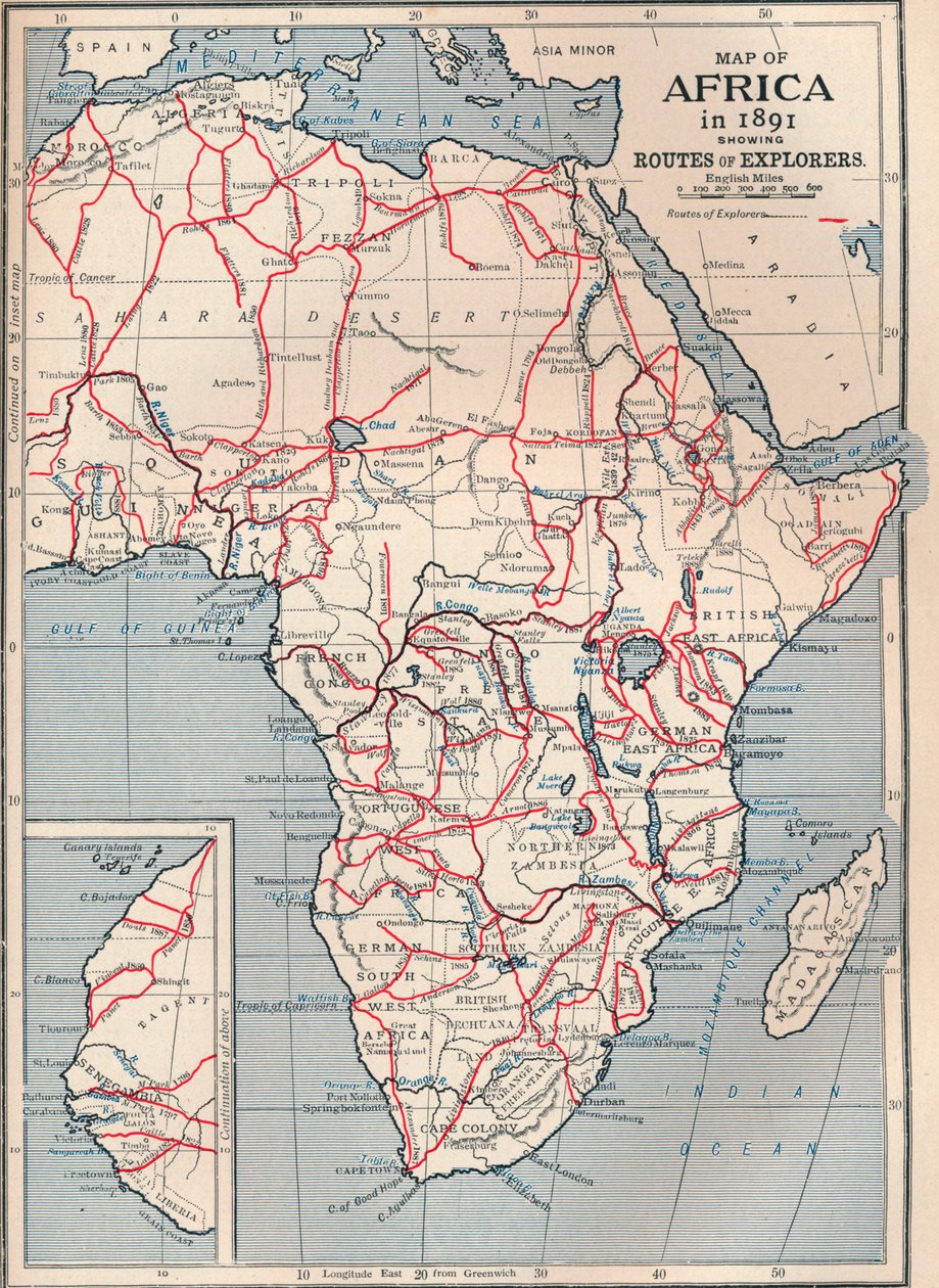 探検家のルートを示す1891年のアフリカの地図、1906年 作： 不明