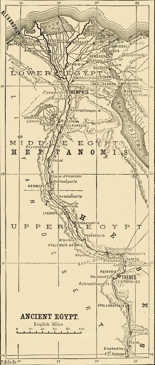 古代エジプトの地図、1890年。 作： 不明