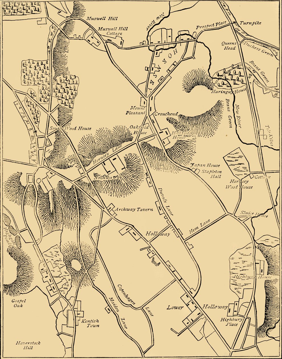 1819年のホーンジーと近隣の地図、c1876。 作： 不明
