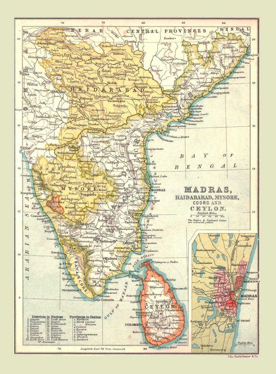 マドラス、ハイデラバード、マイソール、クールグとセイロンの地図、1902年。 作： 不明