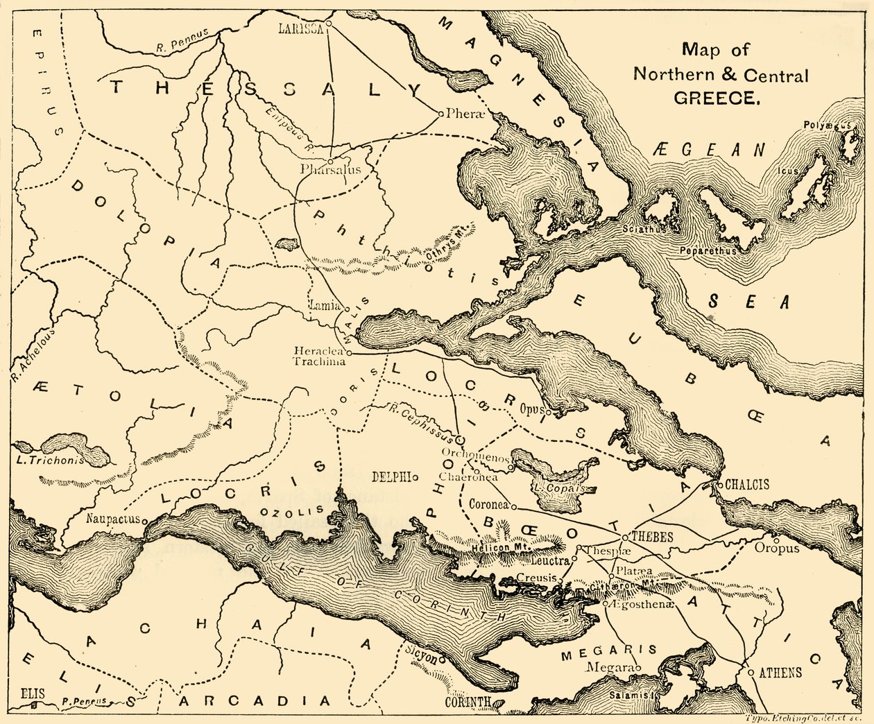 北ギリシャと中央ギリシャの地図、1890年。 作： 不明