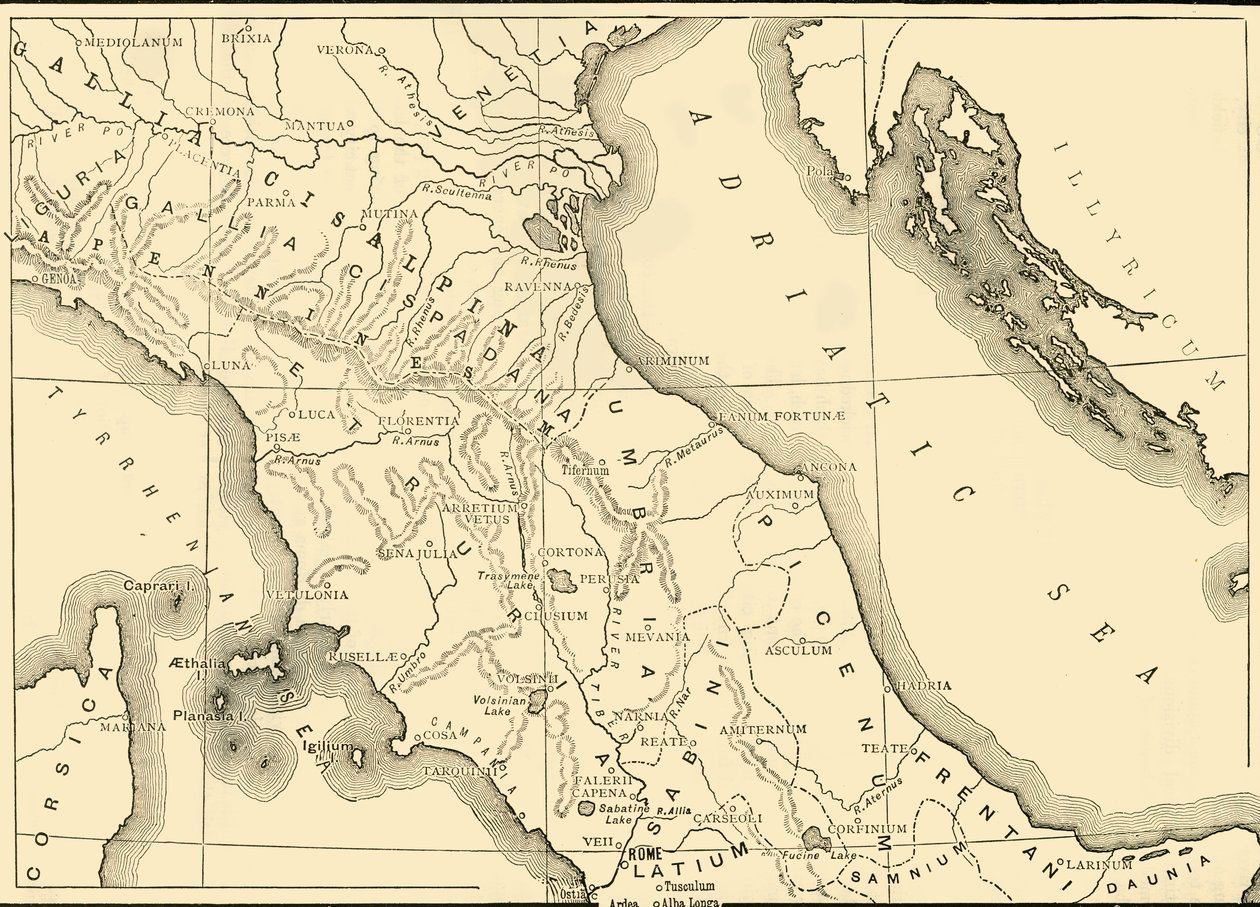 北イタリアと中央イタリアの地図、1890年。