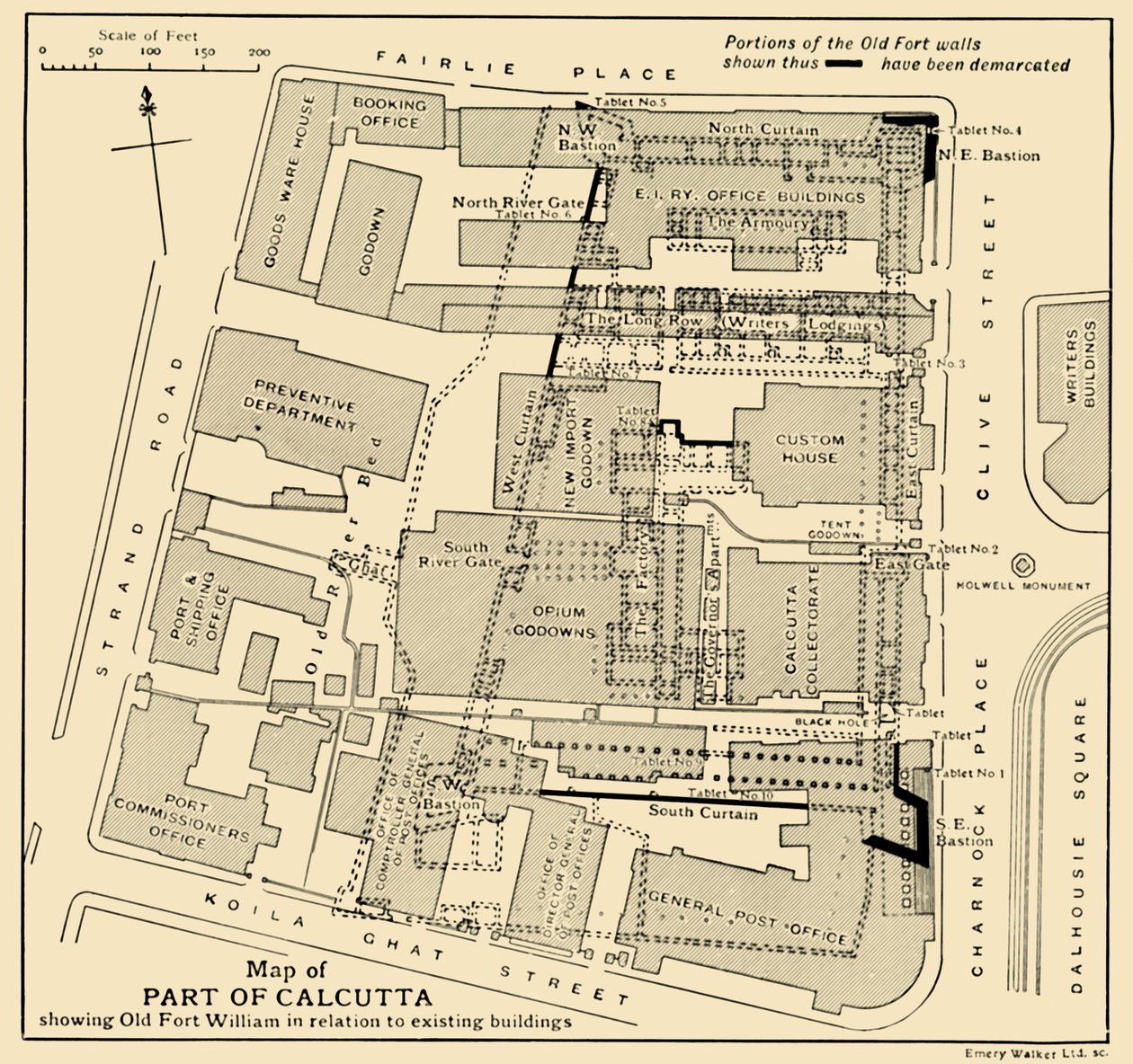 カルカッタの一部で、1925年の既存の建物との関連でウィリアム旧砦を示す地図。 作： 不明