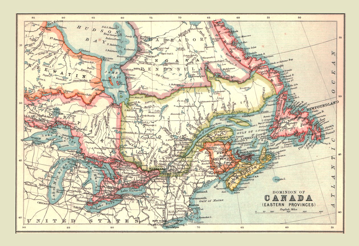 カナダの領土、東部州、1902年の地図。 作： 不明