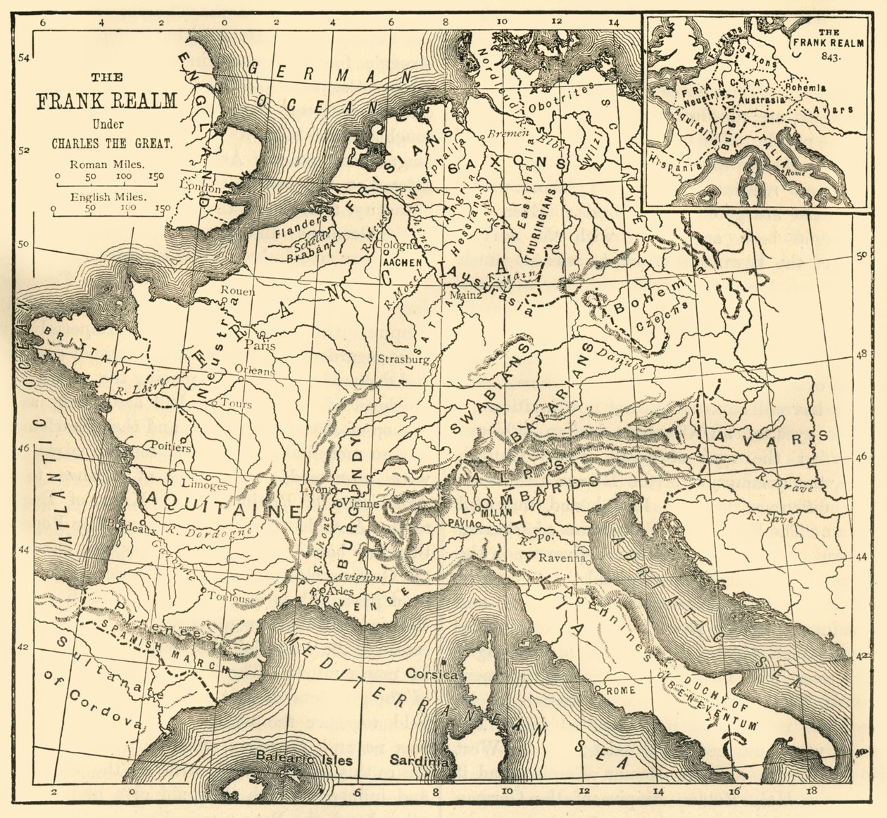 シャルルマーニュ下フランク王国の地図、1890年。 作： 不明