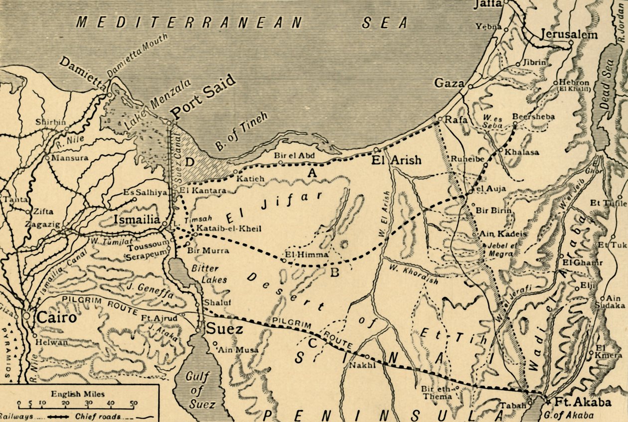 スエズ運河、エジプト、第一次世界大戦、1915、c1920に対するトルコの攻撃の地図。 作： 不明