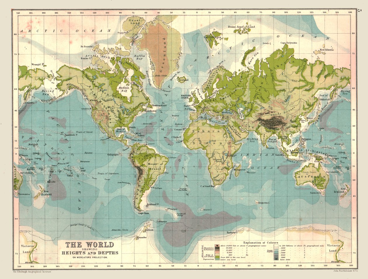最も優遇の 高さと奥行きを示す世界地図、1902年。 世界地図